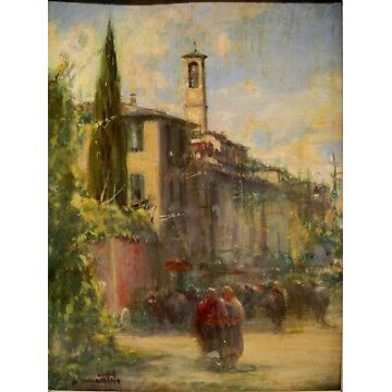 ANTICO DIPINTO OLIO TAVOLA Gentili Bernardo VEDUTA PAESAGGIO BORGO CAMPANILE '52