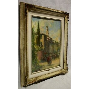 ANTICO DIPINTO OLIO TAVOLA Gentili Bernardo VEDUTA PAESAGGIO BORGO CAMPANILE '52