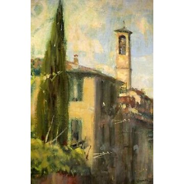 ANTICO DIPINTO OLIO TAVOLA Gentili Bernardo VEDUTA PAESAGGIO BORGO CAMPANILE '52