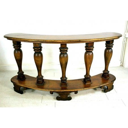 ANTICA CONSOLLE a BALAUSTRA IN LEGNO NOCE MEZZALUNA 5 COLONNE TORNITE 