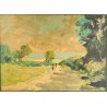 ANTICO QUADRO OLIO TAVOLA S.MARINI 1918 MATERICO PAESAGGIO COLLINE VIALE LAGO