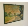 ANTICO QUADRO OLIO TAVOLA S.MARINI 1918 MATERICO PAESAGGIO COLLINE VIALE LAGO
