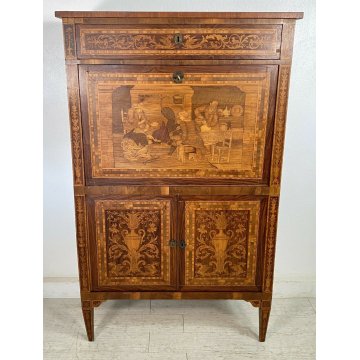 ANTICA RIBALTA SECRETAIRE INTARSIATA IMPIALLACCIATA LEGNO NOCE PRIMO '900 2 ANTE