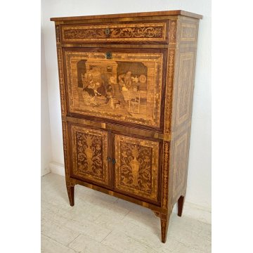 ANTICA RIBALTA SECRETAIRE INTARSIATA IMPIALLACCIATA LEGNO NOCE PRIMO '900 2 ANTE