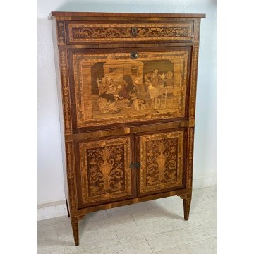 ANTICA RIBALTA SECRETAIRE INTARSIATA IMPIALLACCIATA LEGNO NOCE PRIMO '900 2 ANTE