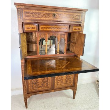 ANTICA RIBALTA SECRETAIRE INTARSIATA IMPIALLACCIATA LEGNO NOCE PRIMO '900 2 ANTE