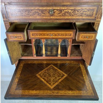 ANTICA RIBALTA SECRETAIRE INTARSIATA IMPIALLACCIATA LEGNO NOCE PRIMO '900 2 ANTE