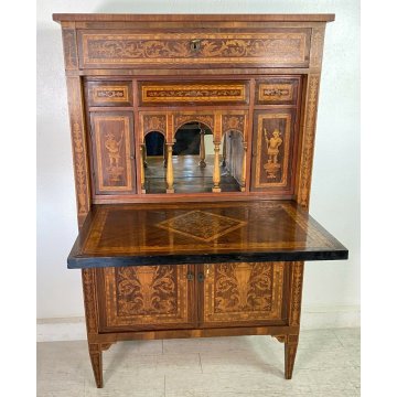 ANTICA RIBALTA SECRETAIRE INTARSIATA IMPIALLACCIATA LEGNO NOCE PRIMO '900 2 ANTE