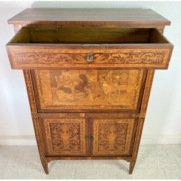 ANTICA RIBALTA SECRETAIRE INTARSIATA IMPIALLACCIATA LEGNO NOCE PRIMO '900 2 ANTE
