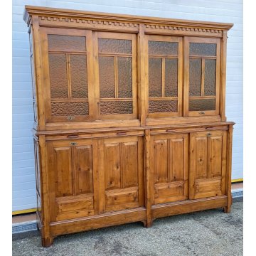 ANTICA ENORME CREDENZA 1800 LIBRERIA 8 ANTE SCORREVOLI LEGNO FARMACIA SCRITTOIO