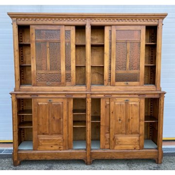 ANTICA ENORME CREDENZA 1800 LIBRERIA 8 ANTE SCORREVOLI LEGNO FARMACIA SCRITTOIO