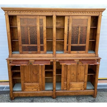 ANTICA ENORME CREDENZA 1800 LIBRERIA 8 ANTE SCORREVOLI LEGNO FARMACIA SCRITTOIO