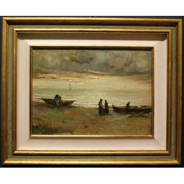 ANTICO QUADRO DIPINTO OLIO TAVOLA PAESAGGIO MARINA PESCATORI BARCHE TRAMONTO