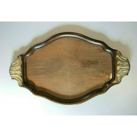 ANTICO VASSOIO F.lli Calderoni CORNICE OVALE SAGOMATO LEGNO SILVERPLATED VETRO