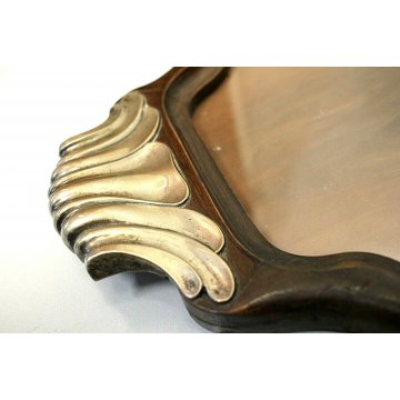 ANTICO VASSOIO F.lli Calderoni CORNICE OVALE SAGOMATO LEGNO SILVERPLATED VETRO