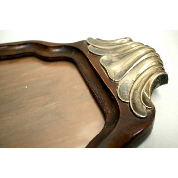 ANTICO VASSOIO F.lli Calderoni CORNICE OVALE SAGOMATO LEGNO SILVERPLATED VETRO