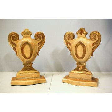 ANTICA COPPIA PORTAPALMA LEGNO INTAGLIATO GESSATO DECORO DORATO BAROCCO '800