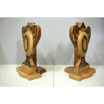 ANTICA COPPIA PORTAPALMA LEGNO INTAGLIATO GESSATO DECORO DORATO BAROCCO '800