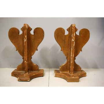 ANTICA COPPIA PORTAPALMA LEGNO INTAGLIATO GESSATO DECORO DORATO BAROCCO '800