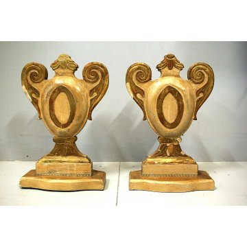 ANTICA COPPIA PORTAPALMA LEGNO INTAGLIATO GESSATO DECORO DORATO BAROCCO '800