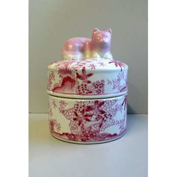 ANTICO VASO BARATTOLO PORCELLANA BIANCA DIPINTA ROSA GATTO CHINOISERIE '900