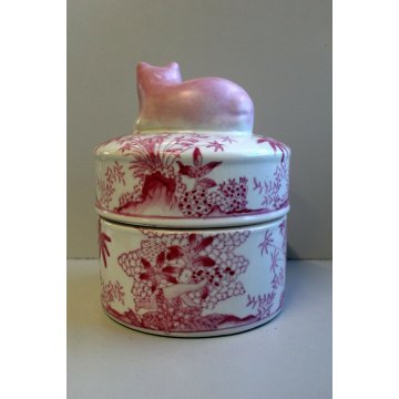 ANTICO VASO BARATTOLO PORCELLANA BIANCA DIPINTA ROSA GATTO CHINOISERIE '900