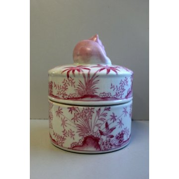 ANTICO VASO BARATTOLO PORCELLANA BIANCA DIPINTA ROSA GATTO CHINOISERIE '900