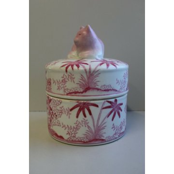 ANTICO VASO BARATTOLO PORCELLANA BIANCA DIPINTA ROSA GATTO CHINOISERIE '900