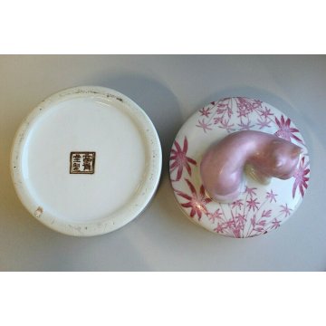 ANTICO VASO BARATTOLO PORCELLANA BIANCA DIPINTA ROSA GATTO CHINOISERIE '900