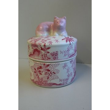 ANTICO VASO BARATTOLO PORCELLANA BIANCA DIPINTA ROSA GATTO CHINOISERIE '900