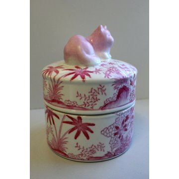 ANTICO VASO BARATTOLO PORCELLANA BIANCA DIPINTA ROSA GATTO CHINOISERIE '900