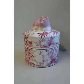 ANTICO VASO BARATTOLO PORCELLANA BIANCA DIPINTA ROSA GATTO CHINOISERIE '900