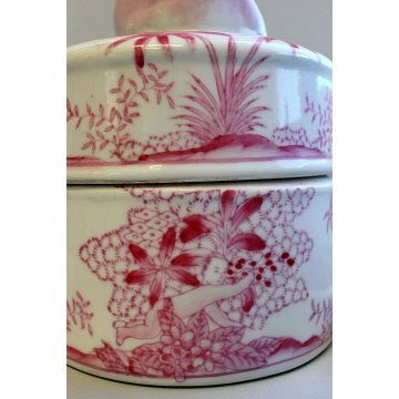 ANTICO VASO BARATTOLO PORCELLANA BIANCA DIPINTA ROSA GATTO CHINOISERIE '900