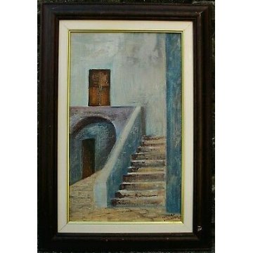 QUADRO DIPINTO OLIO TELA Loredana Corsaro 1991 BORGO ANTICO SCALE PORTICO BLU 