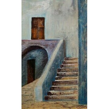 QUADRO DIPINTO OLIO TELA Loredana Corsaro 1991 BORGO ANTICO SCALE PORTICO BLU 