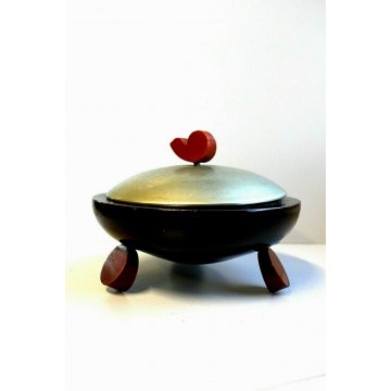 SCATOLA ROTONDA COPERCHIO ARGENTO PUNZONATO LEGNO BACHELITE CANE BASSOTTO DECO'