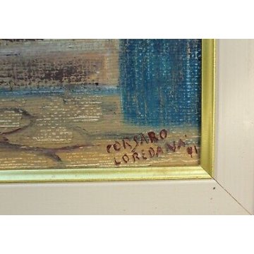 QUADRO DIPINTO OLIO TELA Loredana Corsaro 1991 BORGO ANTICO SCALE PORTICO BLU 