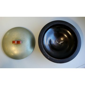 SCATOLA ROTONDA COPERCHIO ARGENTO PUNZONATO LEGNO BACHELITE CANE BASSOTTO DECO'