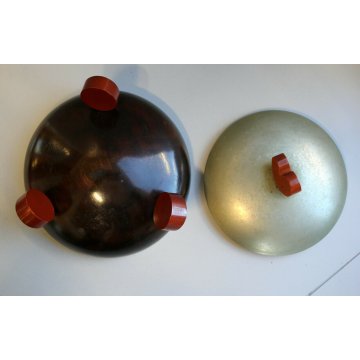 SCATOLA ROTONDA COPERCHIO ARGENTO PUNZONATO LEGNO BACHELITE CANE BASSOTTO DECO'