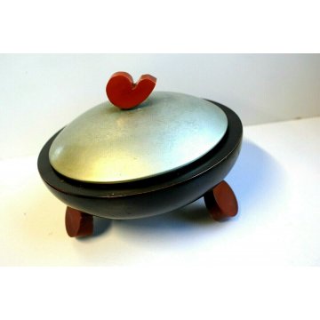 SCATOLA ROTONDA COPERCHIO ARGENTO PUNZONATO LEGNO BACHELITE CANE BASSOTTO DECO'