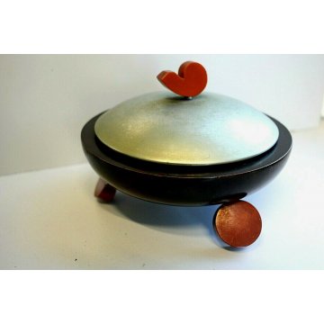 SCATOLA ROTONDA COPERCHIO ARGENTO PUNZONATO LEGNO BACHELITE CANE BASSOTTO DECO'