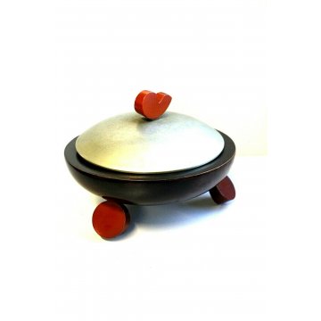 SCATOLA ROTONDA COPERCHIO ARGENTO PUNZONATO LEGNO BACHELITE CANE BASSOTTO DECO'