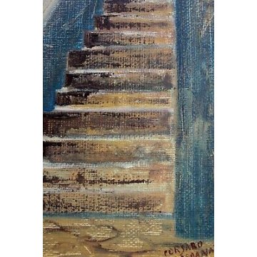QUADRO DIPINTO OLIO TELA Loredana Corsaro 1991 BORGO ANTICO SCALE PORTICO BLU 