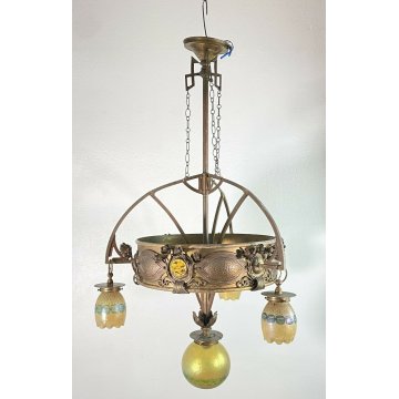 ANTICO GRANDE LAMPADARIO ART NOUVEAU JOHANN LOETZ ANNI 20 VETRO OTTONE LAMP 