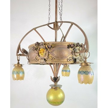 ANTICO GRANDE LAMPADARIO ART NOUVEAU JOHANN LOETZ ANNI 20 VETRO OTTONE LAMP 