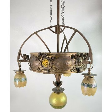 ANTICO GRANDE LAMPADARIO ART NOUVEAU JOHANN LOETZ ANNI 20 VETRO OTTONE LAMP 