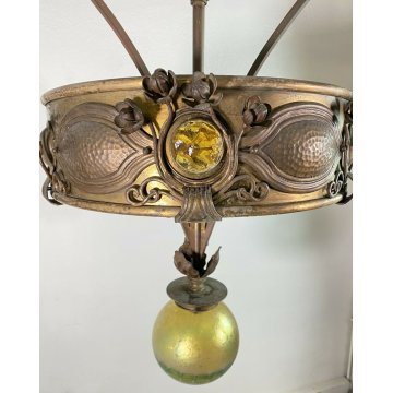 ANTICO GRANDE LAMPADARIO ART NOUVEAU JOHANN LOETZ ANNI 20 VETRO OTTONE LAMP 