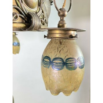 ANTICO GRANDE LAMPADARIO ART NOUVEAU JOHANN LOETZ ANNI 20 VETRO OTTONE LAMP 