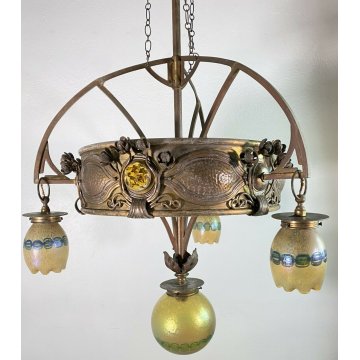 ANTICO GRANDE LAMPADARIO ART NOUVEAU JOHANN LOETZ ANNI 20 VETRO OTTONE LAMP 