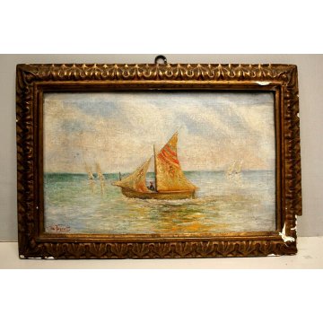 ANTICO PICCOLO QUADRO DIPINTO OLIO TELA PAESAGGIO MARINA De Vayvelt BARCA VELA 